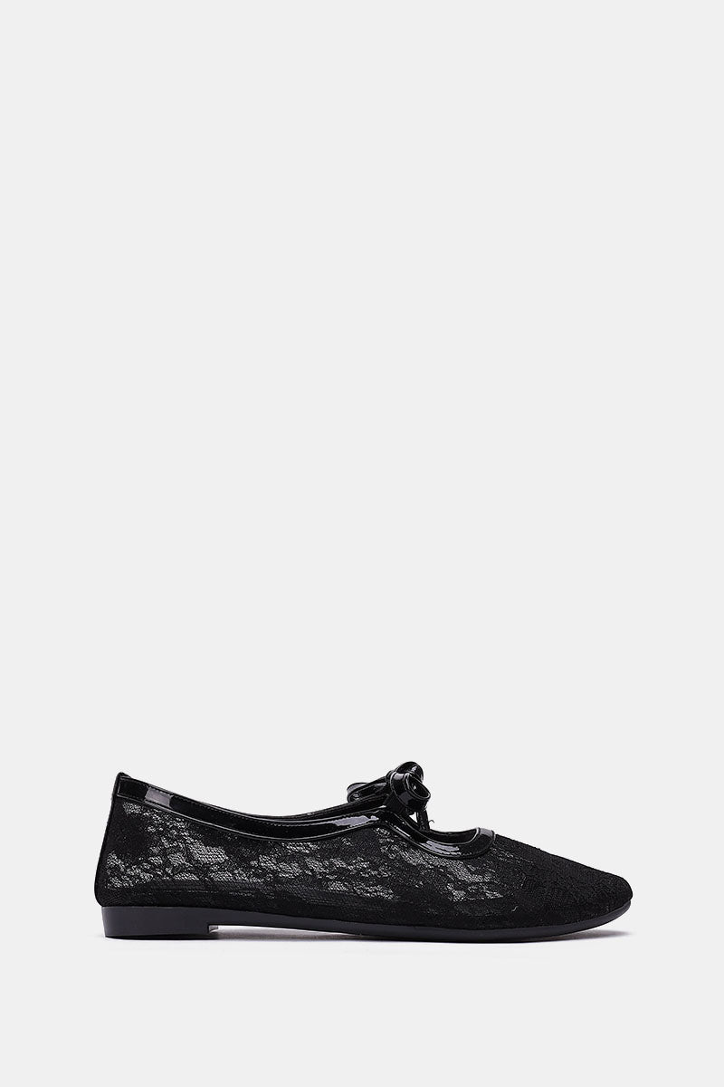 BLACK FLORAL MESH BALLERINA - POINTED TOE