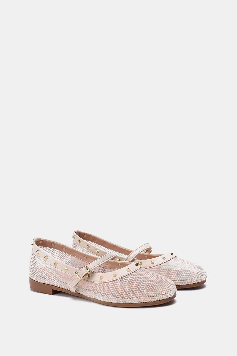 BEIGE FISHNET STUDDED FLAT