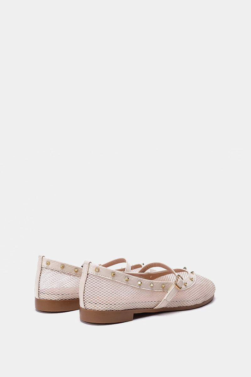 BEIGE FISHNET STUDDED FLAT
