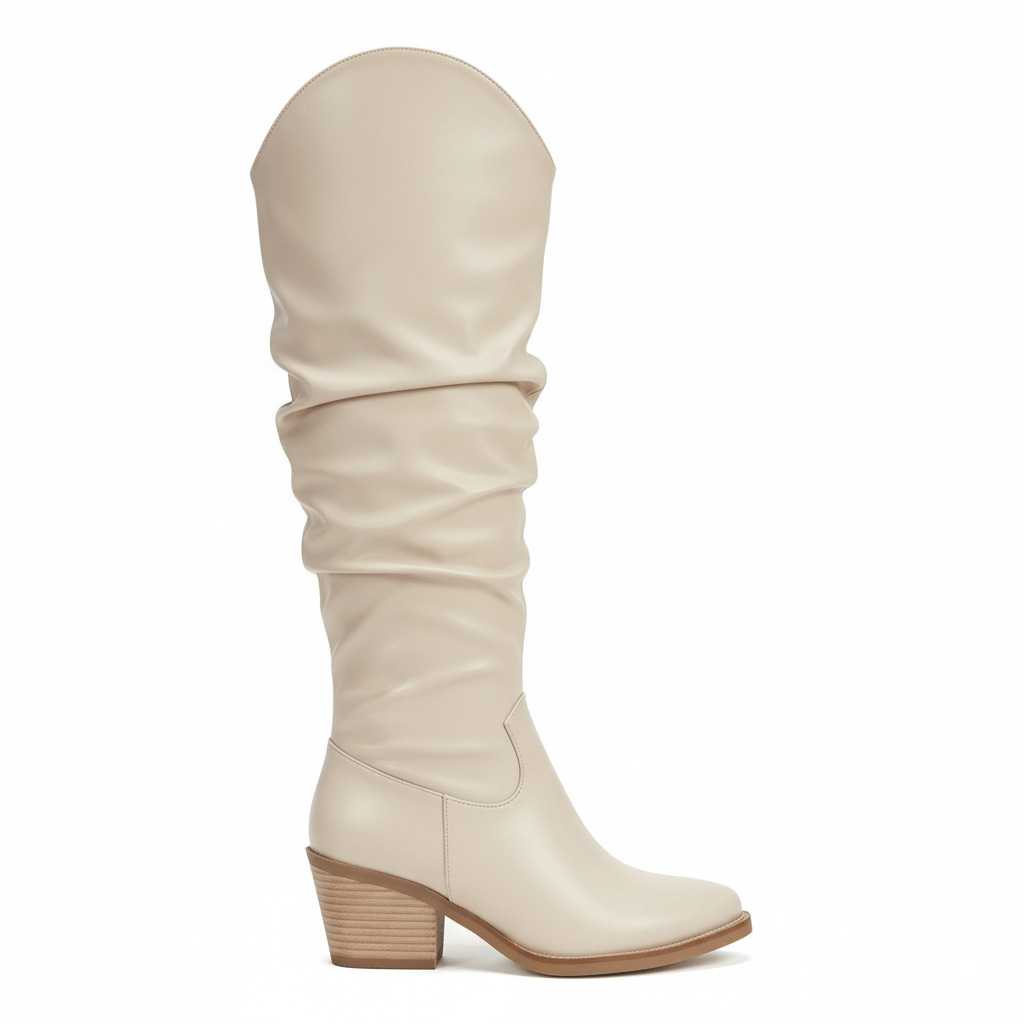 Beige Leather Knee - High Boots - Amza - 37