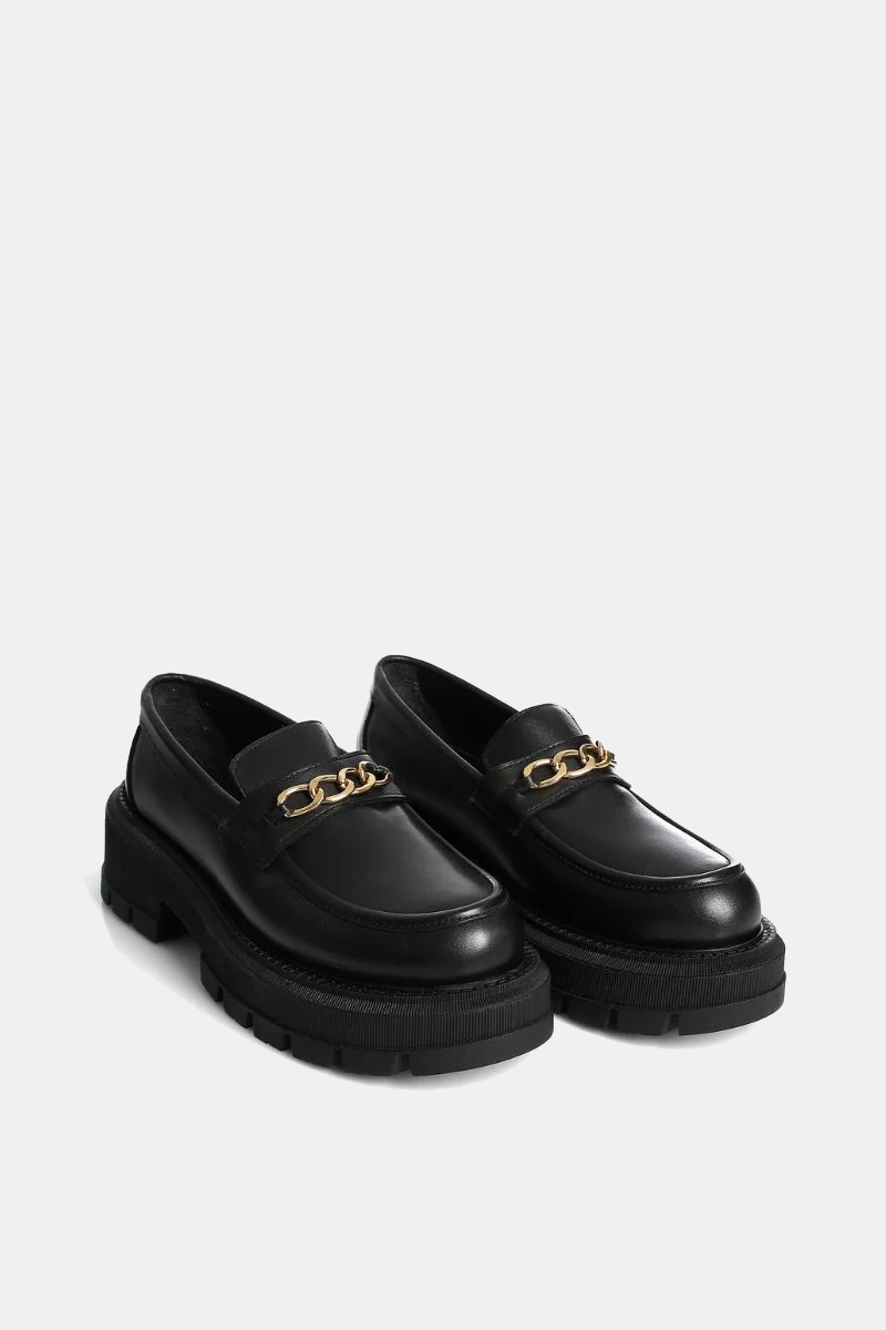 BLACK LEATHER CHUNKY CHAIN LOAFERS