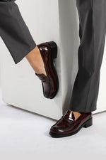 Burgundy Leather Heeled Penny Loafers - Amza - 37