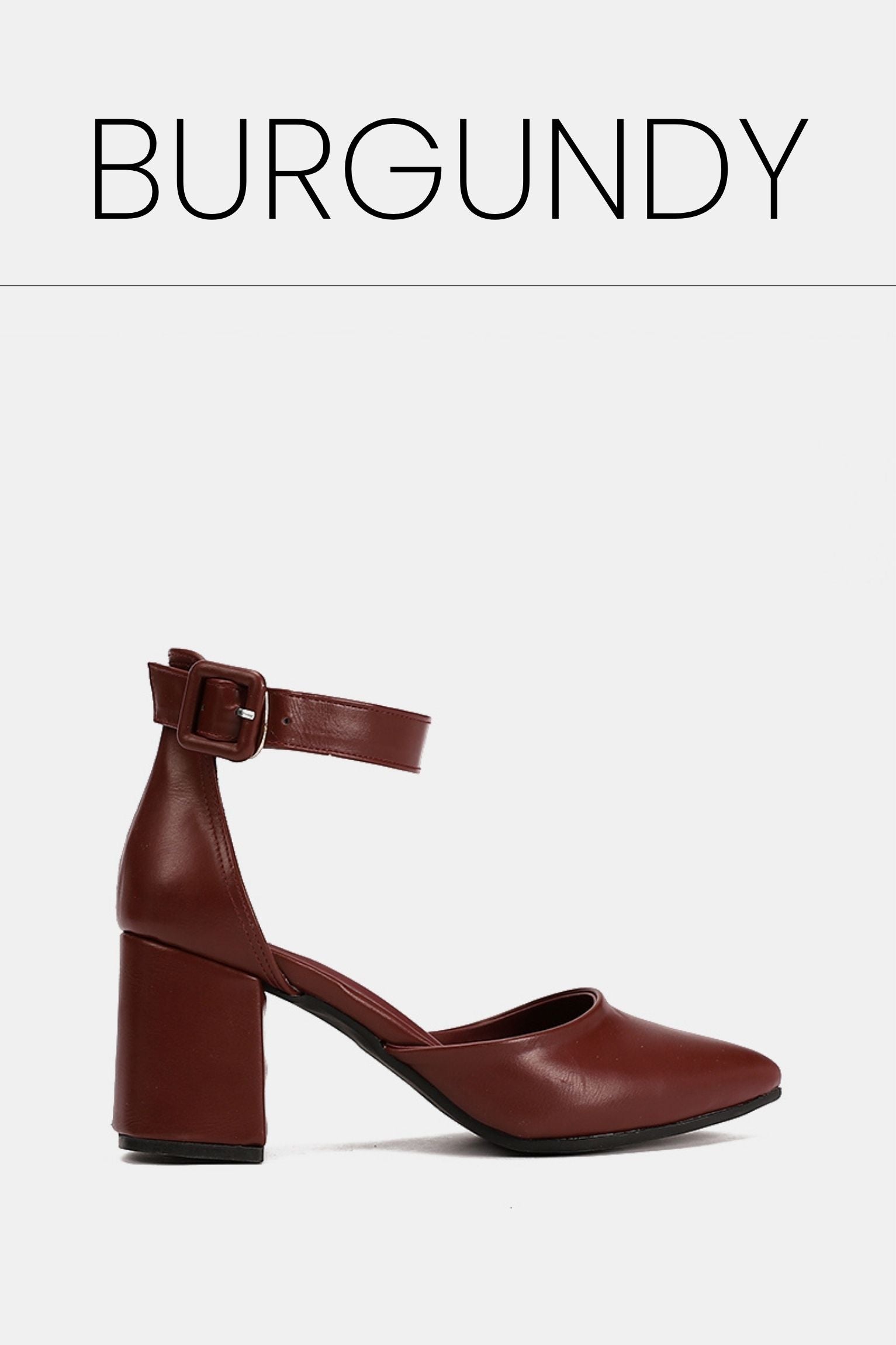 Burgundy buckled chunky heels