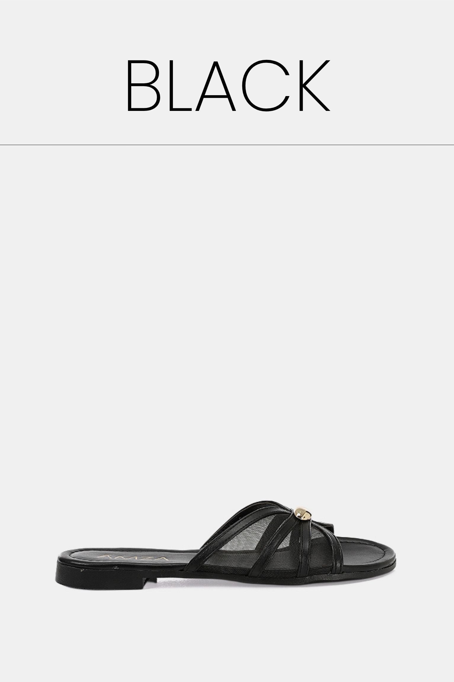Gold buckle black mesh slippers