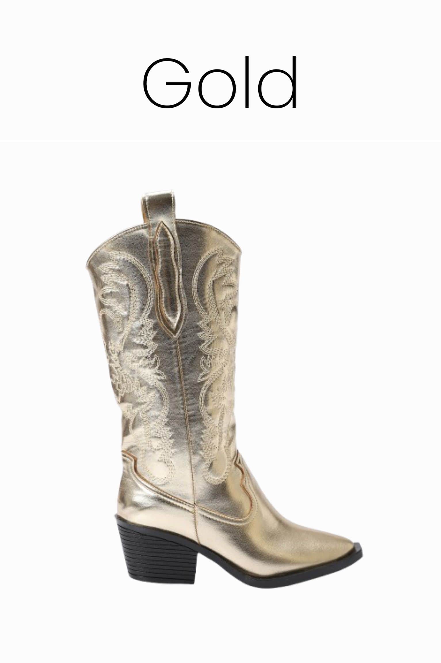 Metallic gold embroidered cowboy boots