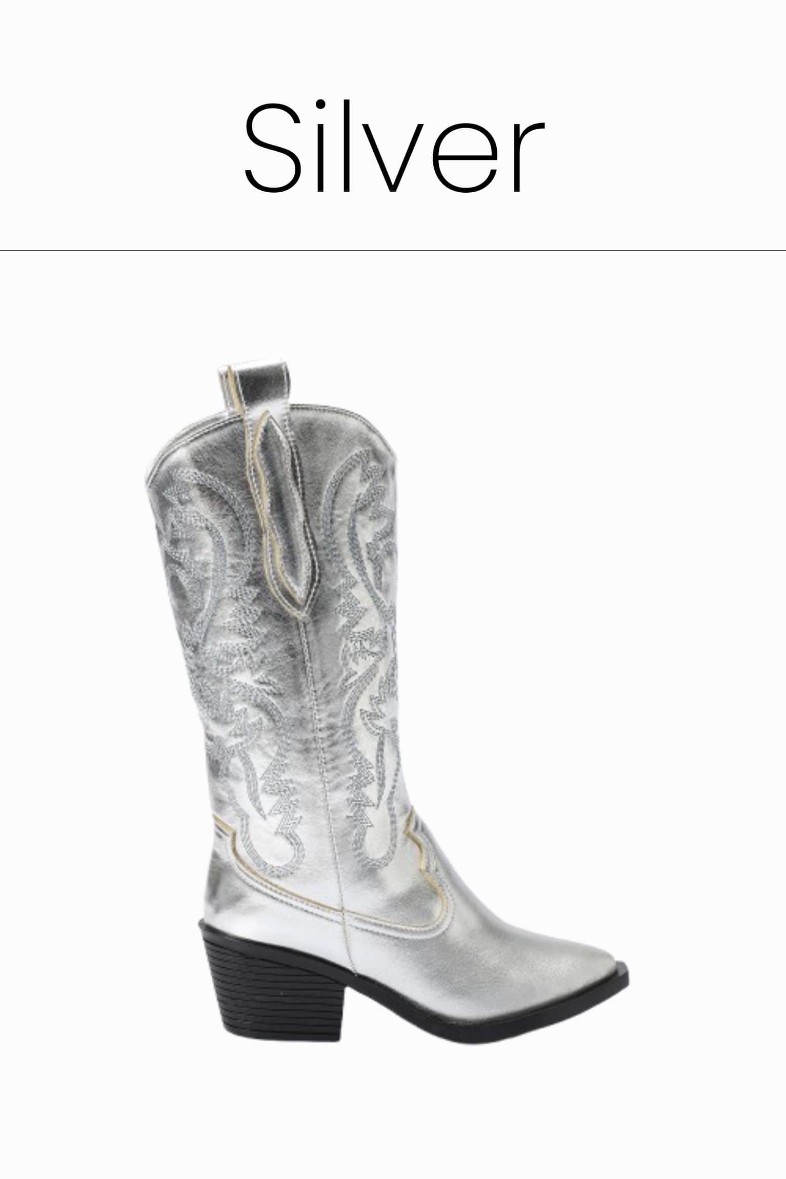 Metallic silver embroidered cowboy boots
