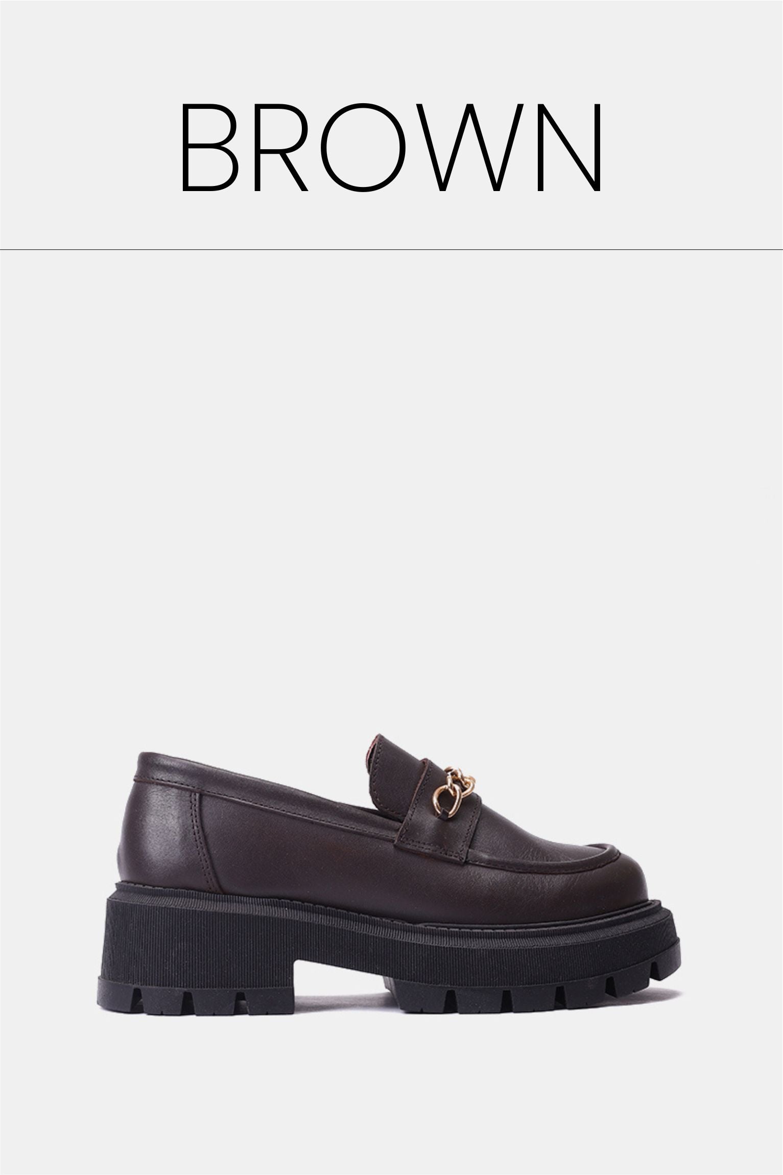 Brown leather chunky chain loafers