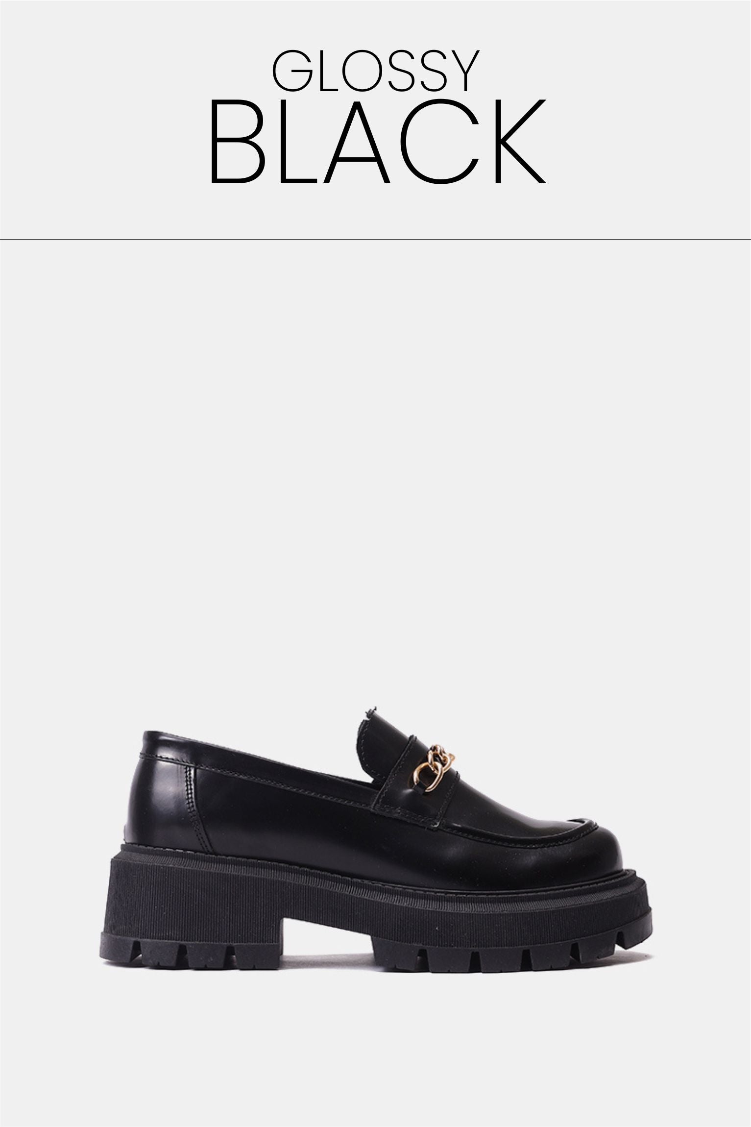Glossy black leather chunky chain loafers