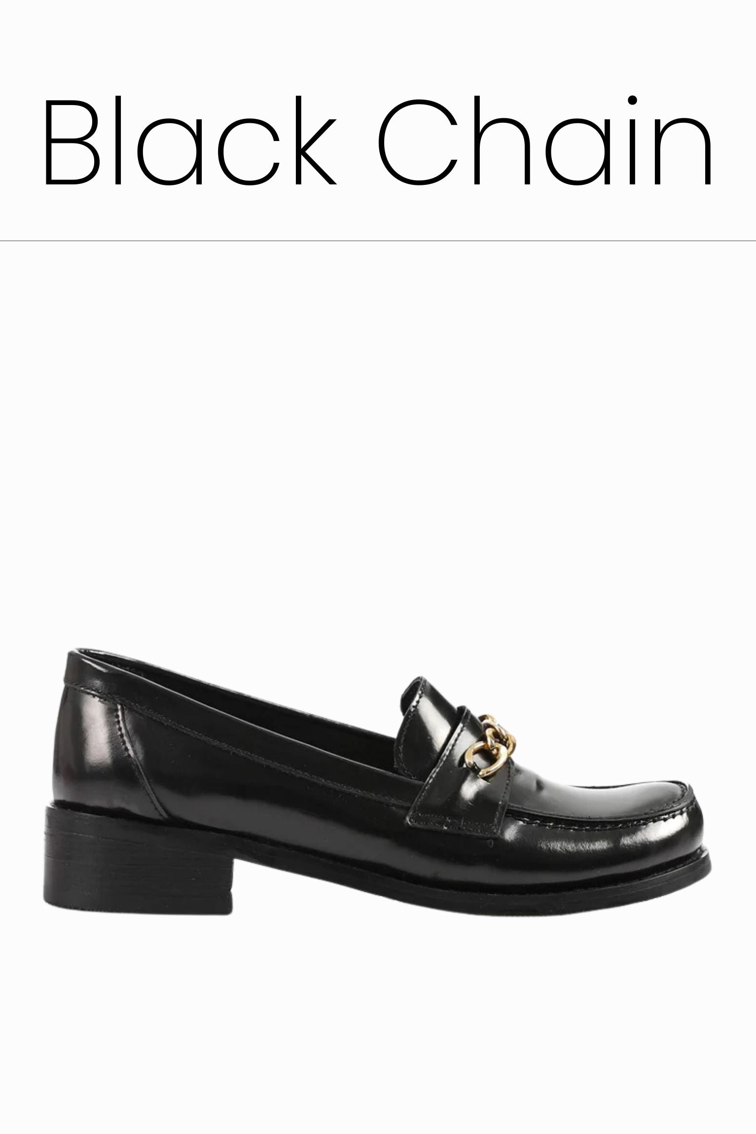 Black leather heeled penny chain loafers